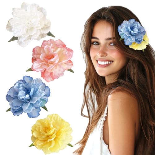 Bunte Haarspangen Damen, Hawaii Blumen Haarklammer Mädchen, Kamelie Haarclips Blumen Haarschmuck für Frauen Party Haarstyling Haarnadeln Hochzeit 4 Stücke Weiß Blau Gelb Rosa Haarklammer von Hifot