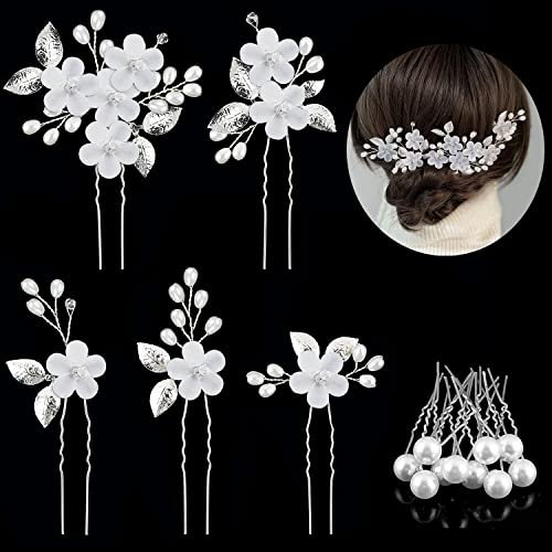 HIFOT 13 Stück Braut Haarschmuck Hochzeit Silber Damen, Perlen Blumen Haarnadeln Strass Brautschmuck Haare U-förmig Glitzer Haarspangen Kopfschmuck Braut Haarschmuck Perlen für Damen Mädchen von Hifot