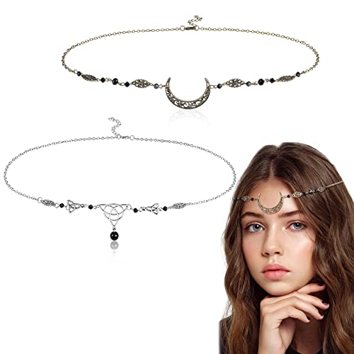 HIFOT 2 Stück Boho Mond Kopfkette Gold Damen, Keltische Knoten Kopfkette Silber für Frauen und Mädchen, Elfen Haarschmuck Wahrsagerin Kopfschmuck Haarkette, Festival Accessoires Hochzeit Halloween von Hifot