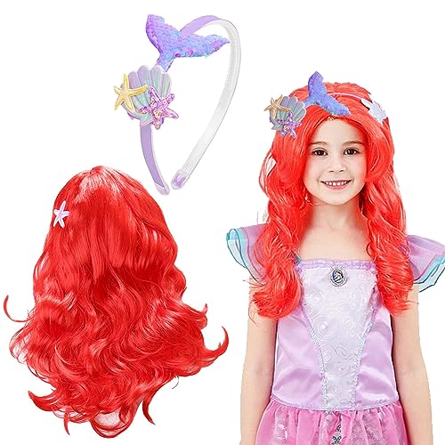 HIFOT 2 Stücke Cosplay Perücke Rot Meerjungfrau Perücke Damen mit Muschel Meerjungfrau Haarreif Mädchen, Arielle Perücke Lang Locken für Kinder Halloween Karneval Geburtstag Fasching von Hifot