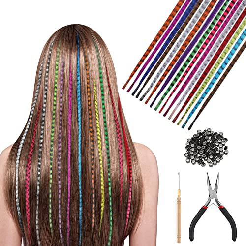 HIFOT 25pcs Bunte Feder Haarverlängerungs Set, Kunst haare Extensions Haarsträhnen Kinder, Feder Haarschmuck Haarteil Zange Häkchen mit 100 Perlen Ponytail Braids Extension Haarverlängerungs Clip von Hifot