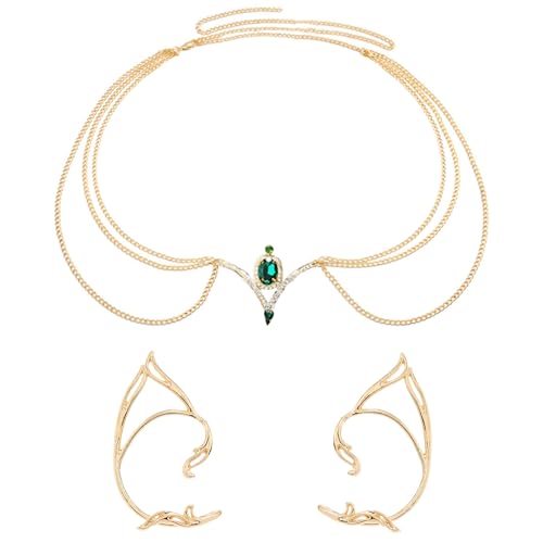 HIFOT 2Pcs Boho Kopfkette Schmuck Damen, Elfen Kopfschmuck Grüner Kristall Kette Elfen Ohren Gold Haarschmuck Festival Accessoires Halloween Karneval Cosplay Fee Elfen Kostüm Damen von Hifot