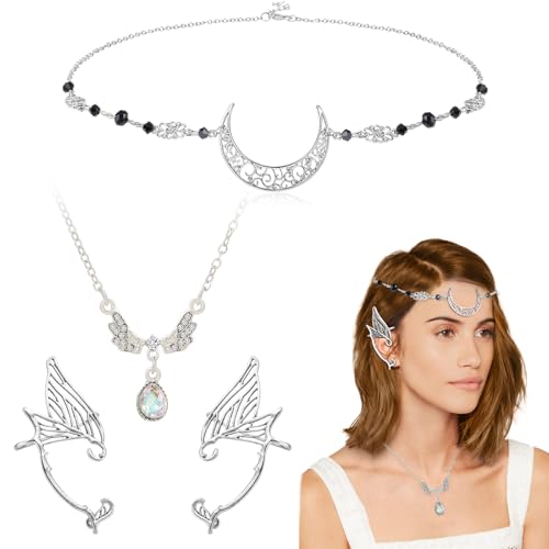 HIFOT 3Pcs Boho Mond Kopfkette Schmuck Damen Mädchen, Elfen Kopfschmuck Flügel Kristall Halskette Silber Ohren Haarschmuck Festival Accessoires Halloween Karneval Cosplay Fee Kostüm von Hifot