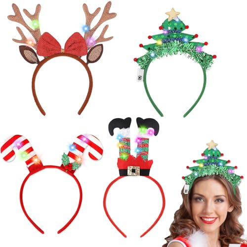 HIFOT 4 Stück LED Haarreif Weihnachten Damen Beleuchtete Stirnbänder Rentier Leucht Geweih LED Haarschmuck Weihnachtsbaum Elfen Weihnachtshaarreifen Erwachsene Weihnachts Accessoires von Hifot