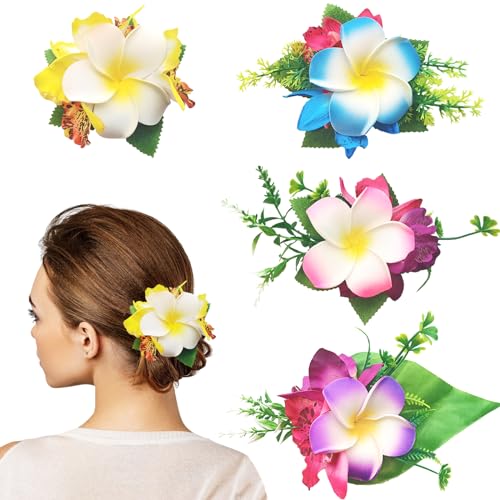 HIFOT 4 Stücke Bunte Haarspangen Damen, Hawaii Blume Haarklammern Mädchen, Frangipani Haarschmuck Blumen Haarklammer Groß Haarclips Kinder Haarschmuck für Frauen Party Haarstyling Haarnadeln Hochzeit von Hifot