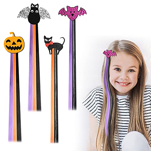 HIFOT 4PCS Halloween Haarverlängerung Clips Glattes Haar, Kürbis Fledermaus Mädchen Haarschmuck, Bunte Haarteile Synthese Party Ankleiden (4 stück Halloween) von Hifot