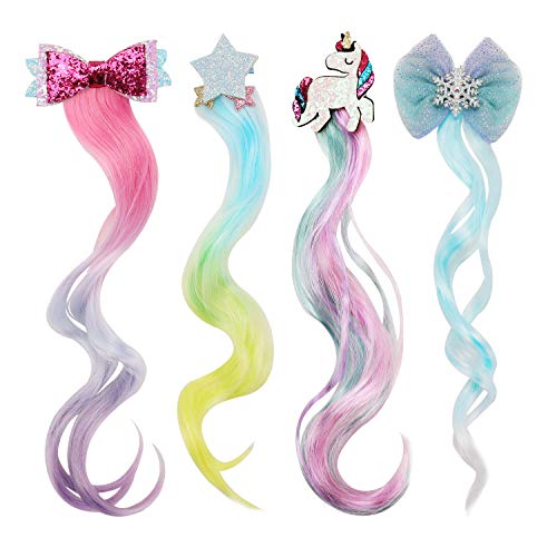 HIFOT 4PCS Locken Haarverlängerung Clips, Einhorn Bogen Prinzessin Haarspangen Mädchen Haarschmuck, Bunte Haarteile Synthese Party Ankleiden von Hifot