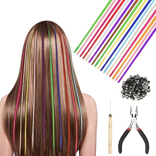 HIFOT 50pcs Bunte Haarverlängerungs Set, Kunst haare Extensions Haarsträhnen Kinder, Haarschmuck Haarteil Zange Häkchen mit 100 Perlen Ponytail Braids Extension Haarverlängerungs Clip von Hifot