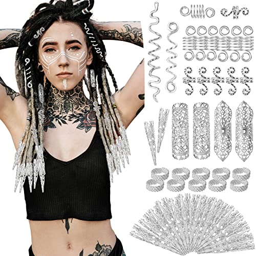 HIFOT 56 Stück Haar Dreadlock Schmuck Haarspiralen Clips, Haar Geflecht Ringe Silber, Haarringe für Zöpfe Metall, Dreadlocks Perlen Haarschmuck Damen Männer, Haarperlen für Zöpfe Braid Clips von Hifot