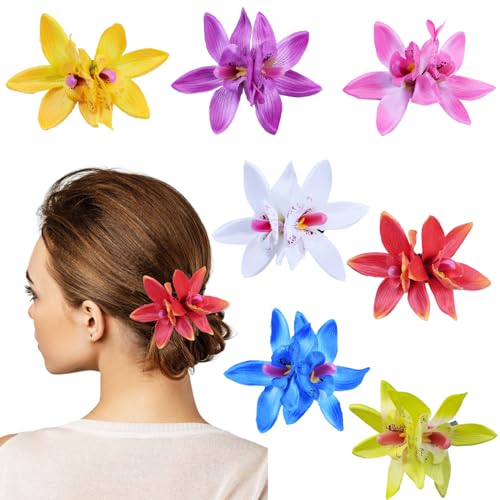 HIFOT 7 Stücke Bunte Haarspangen Damen, Hawaii Blume Haarklammern Mädchen, Doppelte Orchideen Haarschmuck Haarclips Kinder für Frauen Party Haarstyling Haarnadeln Hochzeit Haarklammer Groß von Hifot