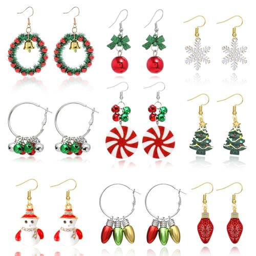 HIFOT 9 Paar Weihnachts Ohrringe Damen Mädchen Tropfen Ohrringe Weihnachtskugel Schneeflocke Ohrringe Tannenbaum Weihnachtsohrringe Glitzer Schmuck Baumeln Ohrringe Weihnachtsbaum Weihnachtsmann Party von Hifot