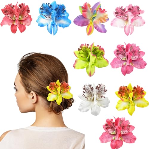 HIFOT 9 Stücke Bunte Haarspangen Damen, Hawaii Blume Haarklammern Mädchen, Doppelte Orchideen Haarschmuck Blumen Haarklammer Groß Haarclips Kinder für Frauen Party Haarstyling Haarnadeln Hochzeit von Hifot