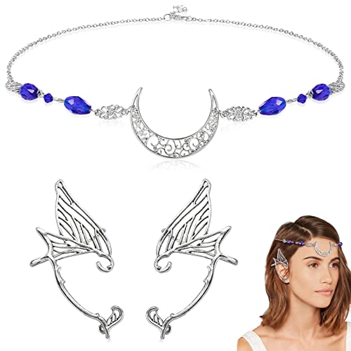 HIFOT Boho Kopfkette Schmuck Damen, Elfen Kopfschmuck Mond Kette Haarschmuck für Frauen und Mädchen, Flügel Elfen Ohren Manschette Ohrringe, Haarschmuck Festival Accessoires Kopf schmuck Hochzeit von Hifot