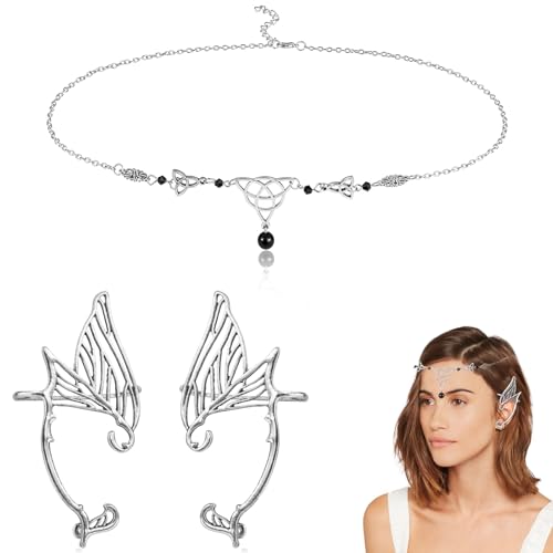 HIFOT Boho Kopfkette Schmuck Damen, Elfen Kopfschmuck Schwarzer Kristall Kette Haarschmuck für Frauen und Mädchen, Flügel Elfen Ohren Manschette Ohrringe, Haarschmuck Festival Accessoires Hochzeit von Hifot