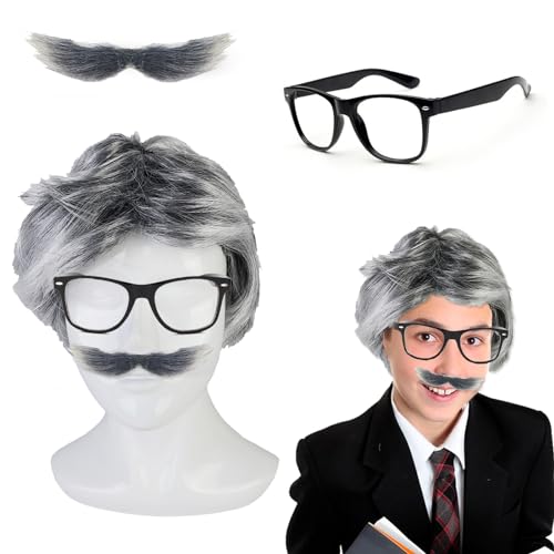 HIFOT Opa Kostüm Set Graue Perücke Alter Mann, Bart und Perücke Brille Großvater Accessoire Cosplay Kinder Mädchen Erwachsene Geschenke für Cosplay Party Karneval Halloween von Hifot