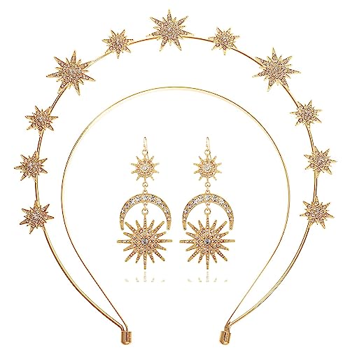 HIFOT Stern Stirnband Haarreif Gold Strass Haarband, Mond Stern Ohrringe Hängend, Glitzer Haarschmuck Krone Mädchen Frauen Braut Haarreifen Kopfschmuck Festival Hochzeit Party von Hifot