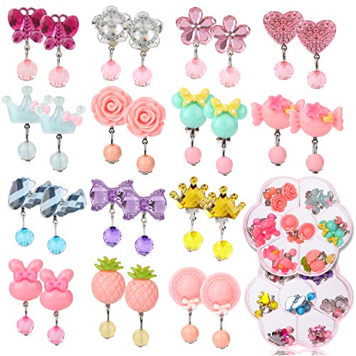 Hifot 14 Paare Clip Mädchen Ohrringe Prinzessin Klipp Ohrring Set Dress up Prinzessin Schmuck Zubehör für Mädchen Kinder Kleinkind in 2 klaren Boxen von Hifot