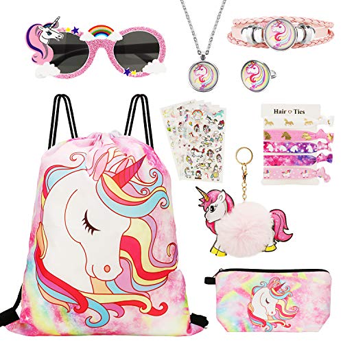 Hifot 18PCS Einhorn Kordelzug Rucksack Schmuck Set für Mädchen, Geschenktütchen Partytüten Sonnenbrille Make-up Tasche Halskette Schlüsselanhänger Armband für Kinder Party Geburtstag von Hifot