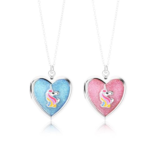 Hifot 2 Stück Foto Medaillon Halskette Damen Silber Freundschaftskette, Bff Ketten für 2 Mädchen, Einhorn Halskette Herz Anhänger, Modeschmuck Halskette für Freundin Geschenk Personalisierter Schmuck von Hifot