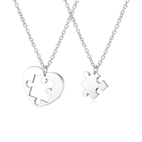 Hifot 2 Stück Halskette Damen Silber Freundschaftskette, Bff Ketten für 2 Mädchen, Herzförmiges Puzzle Kette Herz Anhänger, Halskette Lang für Frauen Freundin Geschenk Personalisierter Schmuck von Hifot