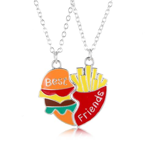 Hifot 2 Stück Halskette Damen Silber Freundschaftskette, Bff Ketten für 2 Mädchen, Kette Herz Anhänger, Burger und Pommes Halskette Lang für Frauen Freundin Geschenk Personalisierter Schmuck von Hifot