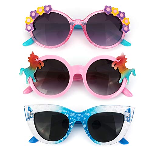 Hifot 3 Stück Einhorn Sonnenbrille für Mädchen, Kunststoffrahmen Rund Schnee Katzenauge Polarisiert Brille, Rave Party Dress up brille für Kinder Alter 3-10 von Hifot