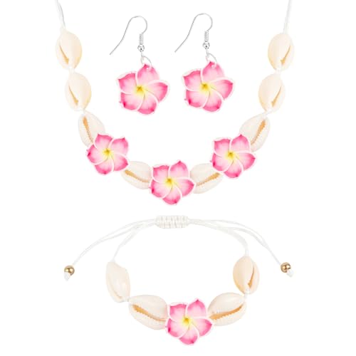 Hifot 3 Stück Muschel Halskette Armband Set Plumeria Ohrringe Boho Schmuck Hawaii Blumen Halskette Damen Muschel Kette Strand Muschel Fußkettche Choker Kette Sommer Sommer Schmuck Damen Mädchen von Hifot