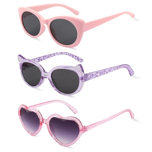 Hifot 3 Stück Sonnenbrille Kinder Mädchen, Süße Herz Sonnenbrille Katzen Sonnenbrillen Set, Sonnenbrille Mädchen Party Sonnenbrille Geschenk, Party Zubehör Bunte Sonnenbrillen Kinder 3-8 Jahren von Hifot