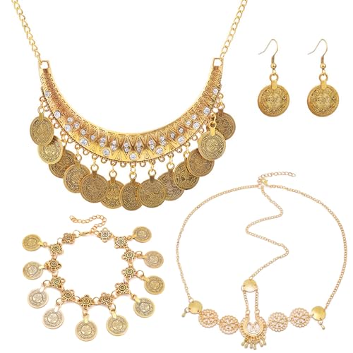 Hifot 4 Sets Bauchtanz Kostüm Damen Vintage Halskette Coin Kopfkette Armbänder Ohrringe Gold Wahrsagerin Kostüm Quasten Indischer Schmuck Piraten Jasmin Kostüm für Frauen Mädchen Mottoparty Karneval von Hifot
