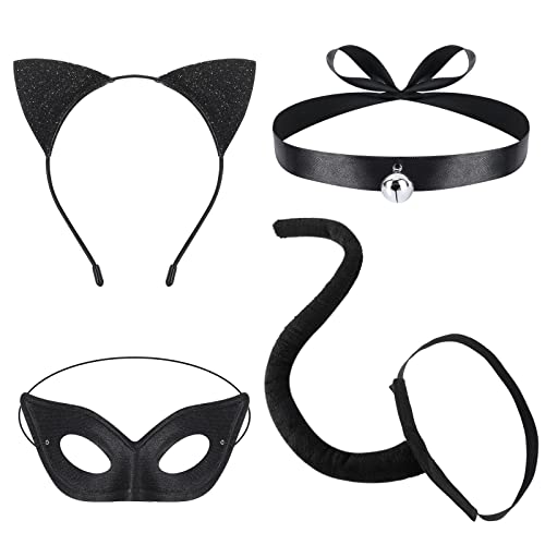 Hifot 4 Stück Katzenkostüm Damen Kinder,Katzenohren Haarreif Schwanz Halskette Masken,Tier Kostüm Set Halloween Karneval Cosplay Party von Hifot