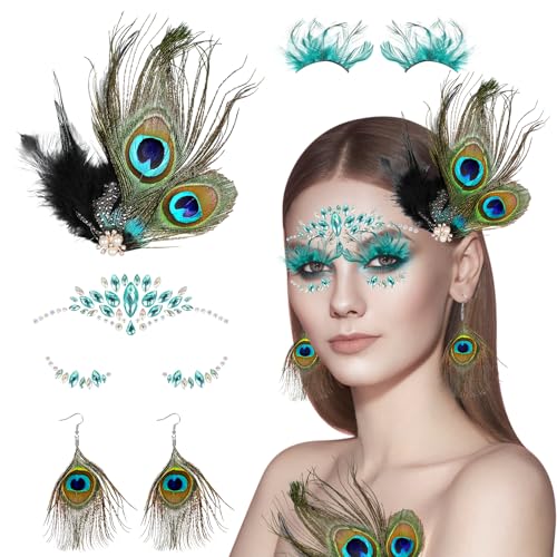 HIFOT 4 Stück Pfau KostüM Damen Pfauenfeder Haarspangen Pfau Haarschmuck Feder Ohrringe Pfau Kopfschmuck Falsche Wimpern Glitzersteine Gesicht Festival Accessoires Rave Outfit Feder Fascinator Damen von Hifot