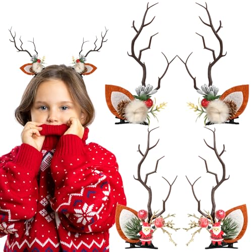 Hifot 4 Stück Weihnachten Hirschgeweih Haarspangen Mädchen, Weihnachts Haarschmuck Rentier Haarclips Haar Accessoires für Kinder Damen Weihnachtsfeier Festival von Hifot