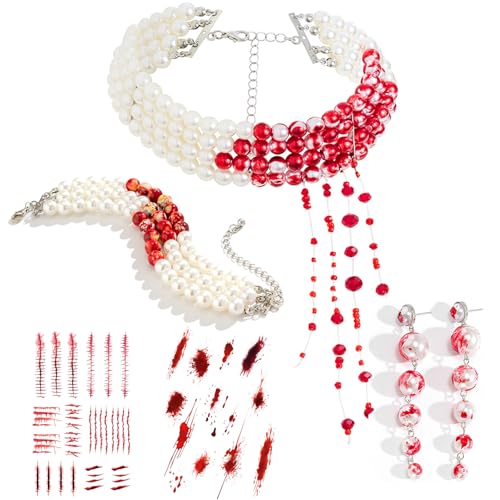 Hifot 5 Stück Halloween Schmuck Damen Halloween Kette Blut Tattoo Wunden Deko Halloween Kostüm Damen Braut Vampir Schmuck Gothic Perlen Armband Ohrringe Halskette Halloween Party Karneval von Hifot