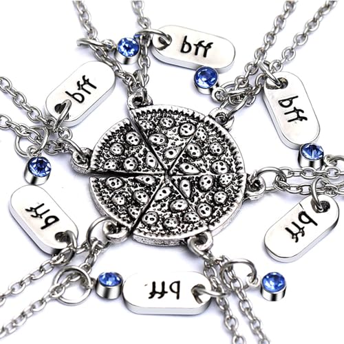 Hifot 6 Stück Halskette Damen Silber Freundschaftskette, Bff Ketten für 2 3 4 5 6 Mädchen, Pizza Halskette Lang für Frauen, Kristall Kette Anhänger Geschenk Personalisierter Schmuck von Hifot