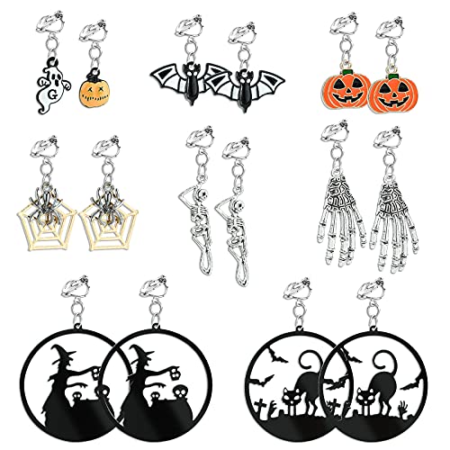 Hifot 8 Paar Halloween Clip Ohrringe Mädchen Damen, Kürbis Geist Spinne Schädel Festliche Atmosphäre Ohrclips Schmuck Zubehör, Halloween Thema Pretend Play Dress up Ohrringe von Hifot