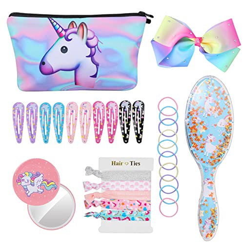 HIFOT Einhorn Haarbürsten Entwirrungsbürste Make-up Mädchen Haarschmuck Set Haarspangen Hair Elastics Haargummis Bowknot Stil Haarnadel Band Spiegel für Kinder Teens Frauen mit Einhorn Geschenk Box von Hifot
