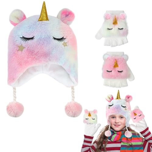 Hifot Einhorn Mütze und Handschuhe Set Kinder Mädchen, 3-teiliges Einhorn Beanie Mütze Kinder Handschuhe Set für 3-10 Jahre, Beanie Mütze Kinder Winter Handschuhe Fingerlos mit Kappe Winter Warme Set von Hifot