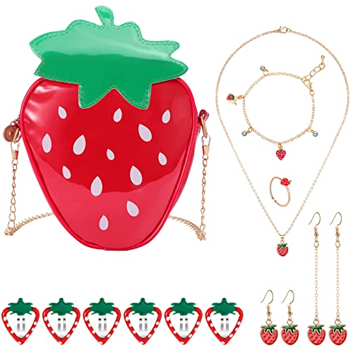 Hifot Erdbeer Handtasche Kinder Schmuckset, Strawberry Crossbody Tasche Süße Haarspangen Halskette Armband Ohrringe Ringe Schmuck Geschenk, Partyartikel von Hifot