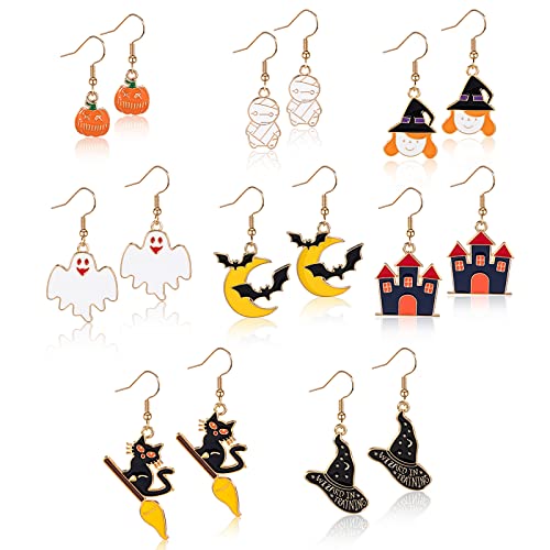 Hifot Halloween Ohrringe Mädchen Damen 8 Paar, Kürbis Geist Spinne Schädel Festliche Atmosphäre Hängend Ohrringe Schmuck Zubehör, Halloween Thema Pretend Play Dress up Ohrringe von Hifot
