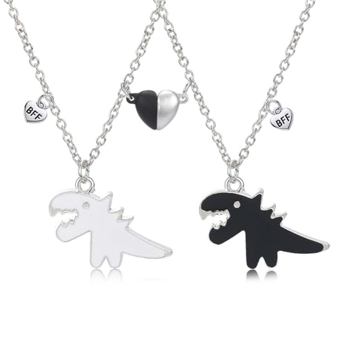 Hifot Halskette Damen Silber Freundschaftskette, Bff Ketten für 2 Mädchen Jungen, Herz Dinosaurier Kette Anhänger Schwarz Weiß, Tier Herz Halskette Lang für Frauen Geschenk Personalisierter Schmuck von Hifot