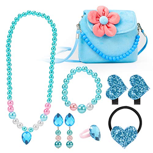 Hifot Kinderschmuck Kleine Mädchen Plüsch-Handtasche Halskette Armband Ohrringe Ring Haarspangen Haarbänder Set, Prinzessin Kleid schmuck Party Favors Geschenk zum Pretend Play von Hifot