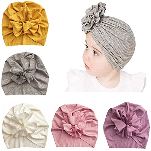 Hifot Turban Baby Stirnband 5 Stücke,Neugeboren Knoten Mütze Stretch Schleife Beanie Hut Haarband Kleinkind Infant Mädchen Junge von Hifot