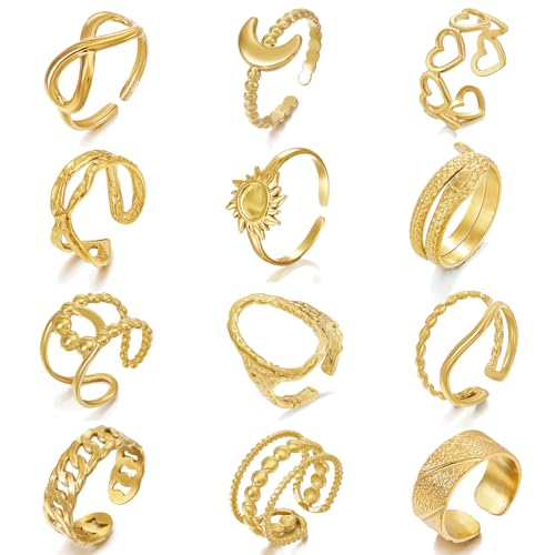 Hifot Offene Knuckle Ringe Set für Frauen Mädchen Vintage Gold Ringe Boho Stapelbare Midi Ringe Herz Unendlichkeit Sonne Mond Schlange Fingerringe für Geburtstagsfeiern Abschlussbälle 12 Stück von Hifot