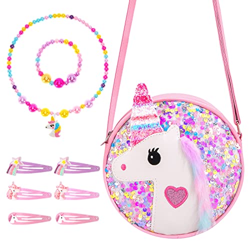 Hifot Pailletten Einhorn Handtaschen Unicorn Halskette Armband Haarspange Schmuckset für Mädchen, Prinzessin Tasche Party Dress Up Ankleiden Geburtstag Geschenk von Hifot