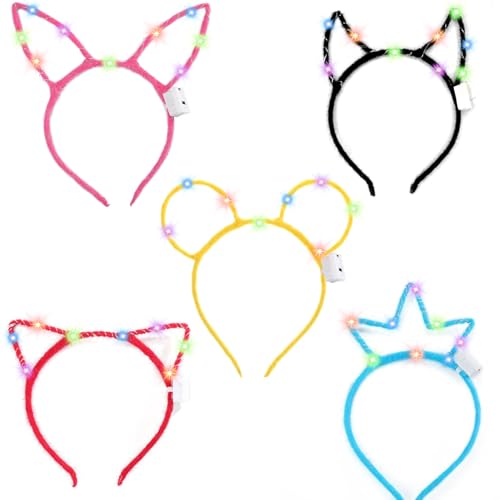 Leuchtende Haarreif LED Katze Krone Bär Horn Hasenohren Haarreif Fasching Damen Mädchen Zufällige Farbe Haarband Beleuchtete Stirnbänder LED Haarschmuck Erwachsene Weihnachts Nachtclub Accessoires von Hifot