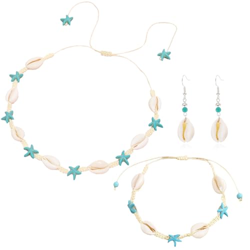 Muschel Halskette Armband Set Seestern Muschel Ohrringe Boho Choker Kette Muschelkette Meerjungfrau Accessoires Damen Strand Fußkettche Hawaii Sommer Schmuck Mädchen von Hifot