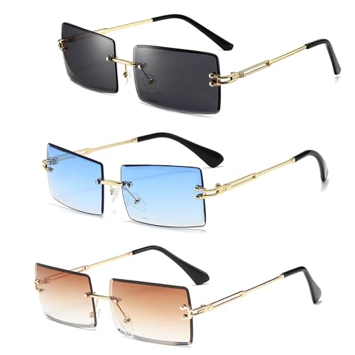 Rechteck Randlose Sonnenbrille Herren Damen Ultra-Small Frame Retro Sonnenbrille im Stil mit Farbverlauf Durchsichtige Brille Unisex Partybrillen Mode der 90er Jahre 3 Stück von Hifot