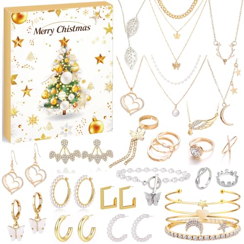 Schmuck Adventskalender 2025 Frauen Mädchen Weihnachtskalender 24 Überraschungen Armband Halskette Ring Ohrringe Countdown Kalender Adventskalender Schmuck Set Damen Weihnachten Geschenk für Teenager von Hifot