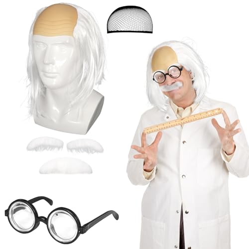 Weiss Perücke Halbglatze Herren Einstein Perücke Professor Alter Opa Perücke Bart Augenbrauen Albert Einstein Verrückter Wissenschaftler Kostüm Brille Schwarzem Rand Karneval Halloween Accessoire von Hifot