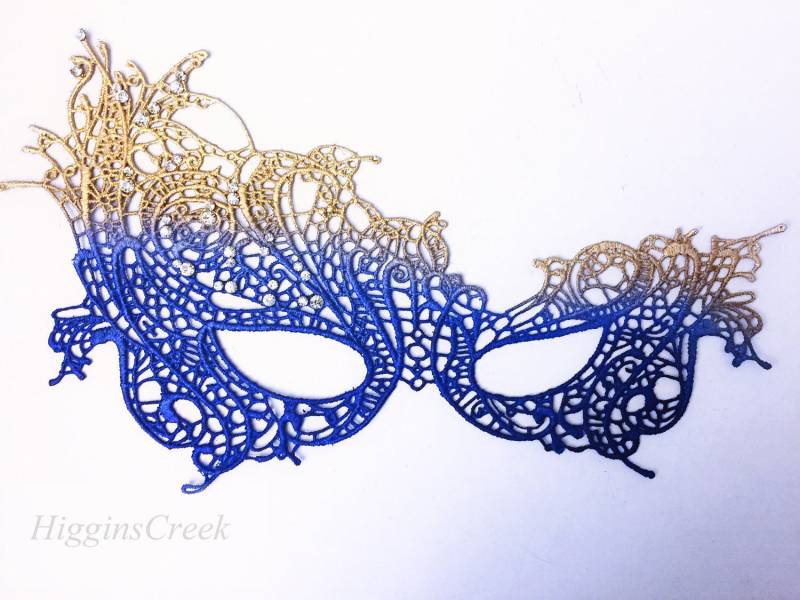 Blau Gold Masquerade Maske - Damen Spitzenmaske Mit Strasssteinen von HigginsCreek